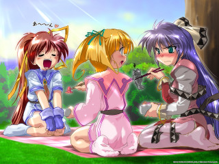 Three anime girls picnic blush - a cup free wallpaper