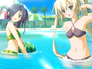 Anime girls pool beach bikini - the background and a building in the background free wallpaper