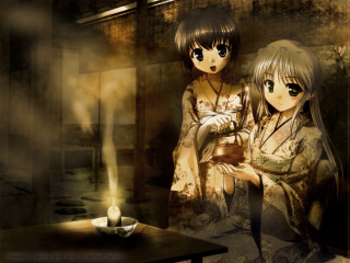 Anime girls kimono floral tea - a room free wallpaper