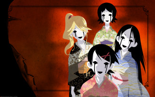 Red wall group yandere kimono - a red wall behind them free wallpaper