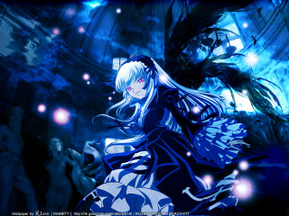 Woman blue dress white hair - a black bird free wallpaper