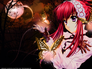 Red haired girl butterfly fullmoon - a full moon in the sky free wallpaper for desktop