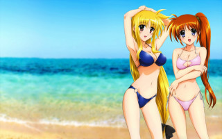 Anime girls beach ocean bikini - their back free wallpaper for desktop