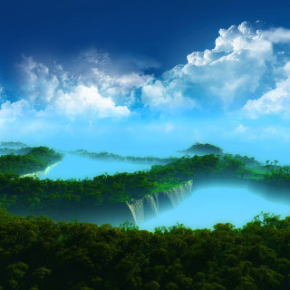 River trees clouds waterfall painting - matte painting free wallpaper for tablet