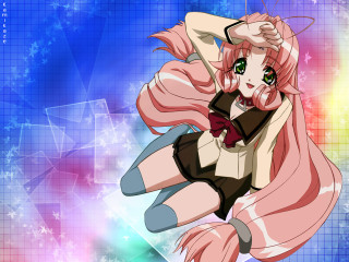 Pink hair anime girl flying - her arm behind her head free wallpaper