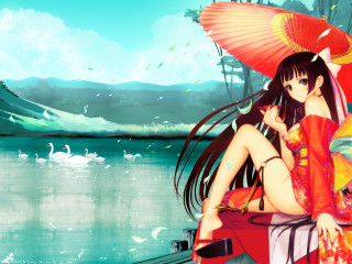 Woman bench umbrella water anime - a bench free wallpaper for desktop