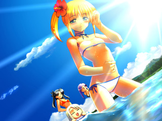 Cartoon girl surfboard beach bikini - giantess art free wallpaper