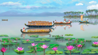 Boat house lake lily pads - a painting of a boat free wallpaper