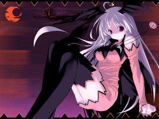 Gothic anime woman whitehair blackcat - black clothes free wallpaper