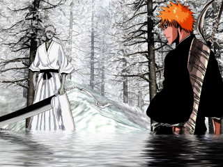 Orange hair forest snow kimono - tree and snow free wallpaper