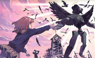 Woman bird wings angel sunset - free cyberpunk wallpaper