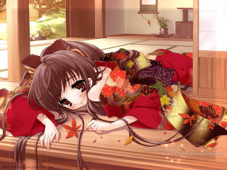 Gothic anime woman redkimono autumn - a red hat free wallpaper