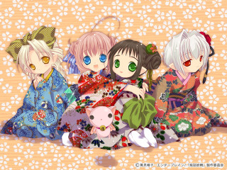 Anime girls kimono cat floral - lap free wallpaper