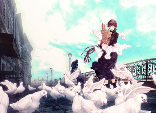Girl pigeons city street anime - a man in the background free wallpaper