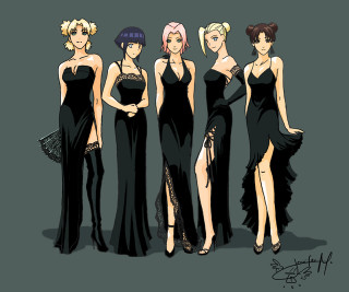Women black dresses group anime - black dress free wallpaper