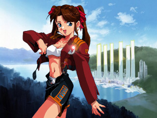 Woman cyberpunk redjacket gun beach - her hand and a building in the background free wallpaper