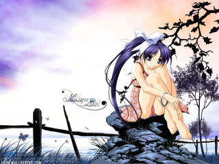 Girl sitting sword purple sky - figurative art free wallpaper