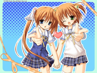 Anime girls heart scissors pointing - their chest free wallpaper
