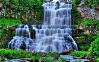 Waterfall cascading lush green forest 2 - a large waterfall free wallpaper