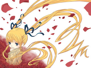Blonde girl bow red petals - red petal free wallpaper