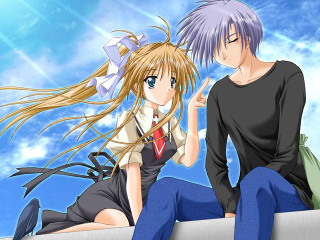 Anime couple sitting ledge sky - neoromanticism free wallpaper for desktop