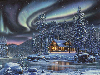 Cabin woods aurora borealis lake - the ground and trees free wallpaper