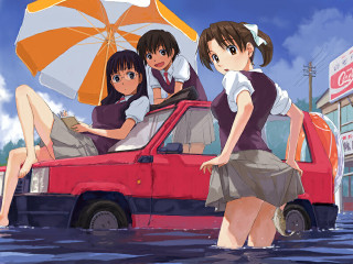 Girls red car beach umbrella - an umbrella over free wallpaper