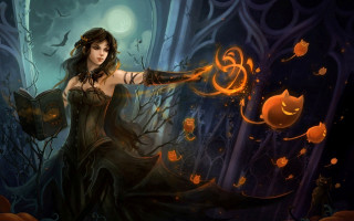 Gothic halloween woman pumpkin bat - free fantasy wallpaper