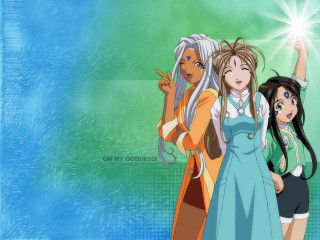 Three anime girls blue background - three anime girl free wallpaper