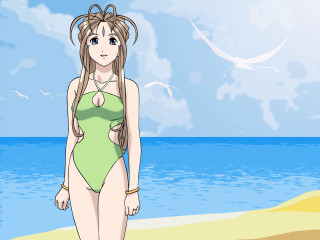 Woman green swimsuit beach ocean - overhead free wallpaper