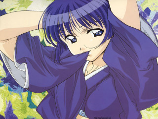 Blue hair girl kimono posing - yukito kishiro free wallpaper