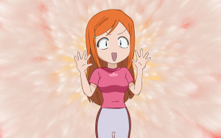 Cartoon girl redhair pinkshirt waving - a face free wallpaper