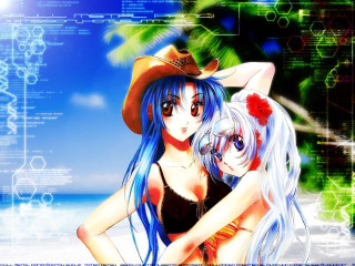 Anime girls beach bikini hug - long hair and hats free wallpaper