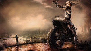 Woman motorcycle gun city background - matte drawing free wallpaper