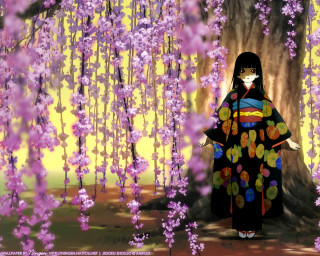 Woman kimono tree purple flowers - a yellow sky free wallpaper