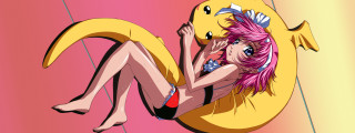 Pink hair bikini inflatable raft - a yellow background behind her free wallpaper