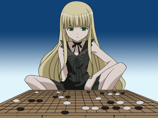 Aya goda board game sitting - a blue background behind her free wallpaper