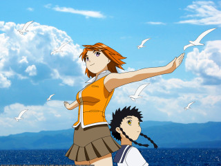 Girl boy water birds sky - aya goda free wallpaper