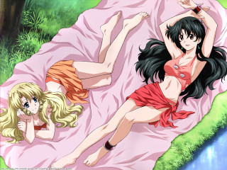 Two women lying grass blonde - egyptian art free wallpaper