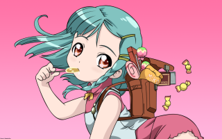 Blue hair girl eating donut - a drink free wallpaper