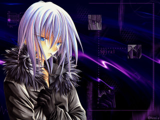 Anime purplehair blackcoat furcollar bluebackground - orphism free wallpaper for desktop