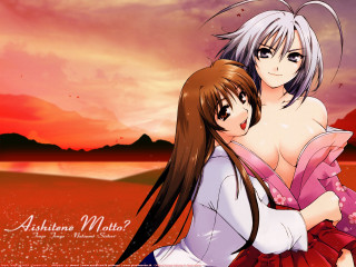 Anime girls hugging sunset mountain - a sunset background free wallpaper