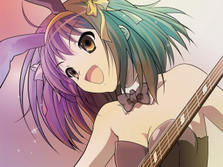 Girl guitar bow purple hair - a guitar free wallpaper