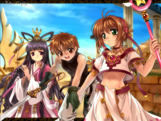 Anime girls swords castle sky - three anime girl free wallpaper