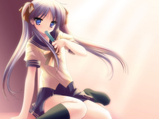 Long haired woman anime sitting - a cell phone free wallpaper