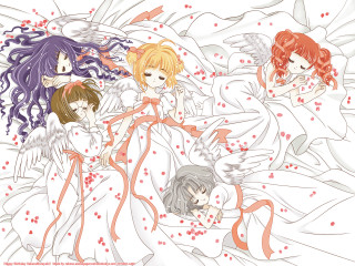 Anime girls bed wings hearts - above them free wallpaper for desktop