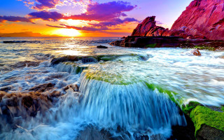 Colorful sunset rocky beach waves - the rock free wallpaper