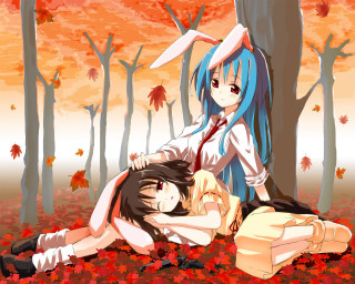 Autumn anime forest leaves rabbit - a couple of anime characters free wallpaper