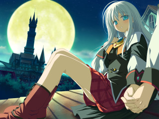 Castle fullmoon girl sitting night - a ledge in front free wallpaper