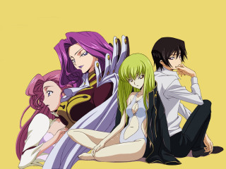 Anime group yellow background kallen - a group of anime characters sitting next free wallpaper